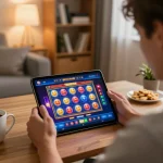 Engaged player at nhà cái co88 using a tablet to explore vibrant slot games in a cozy home setup