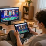 Engaged player enjoying the website vb88 with colorful games on a tablet during online gaming session.