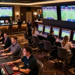 Betting action at 789winn sports area, with screens showcasing live events and enthusiastic bettors.