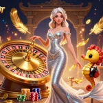 PANGKALANSLOT showcases a captivating casino scene with a dazzling lady, roulette wheel, and dynamic gaming elements.