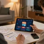 Player engaging with the Rik vip casino app on a tablet in a stylish home office, demonstrating strategic online gaming.