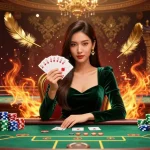 Experience the excitement at Nhà cái dv88 with a beautiful Asian woman at a luxurious poker table, showcasing thrilling gameplay.