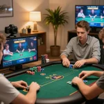 BOM88 players making strategic moves during an online poker game in a cozy home environment.