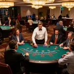O8 players strategizing at blackjack tables in an upscale casino environment.