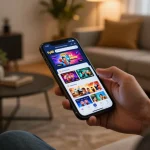 Using fly88 đăng nhập on a smartphone, showcasing an online casino game interface in a cozy home setting