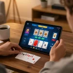 Engaging gameplay of Link mới Rik88 on a tablet while relaxing at home, highlighting responsible gambling.