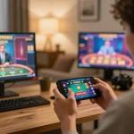 Engaging gaming scene with Link Tic88 chính thức app displayed on smartphone during a casual home gaming session