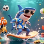 Join the thrill of betting at 32WIN as a shark catches waves of gold coins amidst dynamic sports elements.