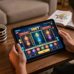 Engaging online gaming scene at 3BET with a player analyzing options on tablet displaying casino games.