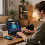 KJC webcam view of a player strategizing in an online casino gaming setup with laptop and smartphone