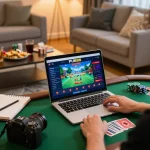 Player enjoying PUB88 online gaming at home, cozy ambiance with focused engagement and snacks