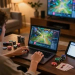 Engaging gaming session on HITCLUB with a player focused on laptop in a cozy living room.