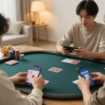 Players enjoying poker on the 789club mobile app in a cozy home setting, showcasing engagement.