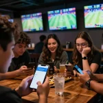Engaging sports betting scene showing friends excitedly interacting with Fun88 com app in a lively sports bar.