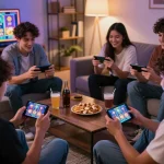 Players enjoy exciting nổ hũ gameplay on their mobile devices in a cozy living room.