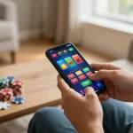 Player engaging in mobile gaming on link F8bet app, showcasing poker chips and colorful betting options.