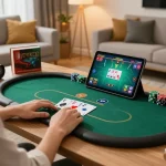 B52 club player enjoying poker on a tablet in a cozy home setup
