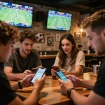 Person celebrating a win while placing bets on 11bet during a match in a lively sports bar
