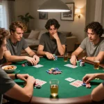 Sunwin players intensely strategizing during a home poker game, showcasing vibrant chips and a competitive atmosphere.