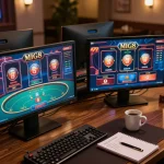 MIG8 online gaming setup showcasing poker and slots on multiple screens, promoting responsible gaming
