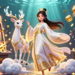 Spin jackpots at 789club as a beautiful Asian woman in modern hanfu enjoys vibrant casino elements.