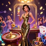 Experience the excitement of NET88 with a glamorous illustration of an elegant Asian woman amidst dynamic casino elements.
