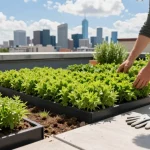 Installeren van lichte sedum cassettes op een stedelijke daktuin met levendige groene planten.
