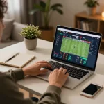 Place bets strategically at nhà cái 11BET using a laptop in a cozy home setting.