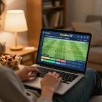 Socolive TV user engaging in live football betting from home, enjoying a comfortable environment.