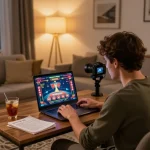 Engaging in online casino with HBET strategy notes and laptop in a cozy setting