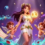 Engage with exciting gaming moments at NK88 with vibrant lottery elements and a goddess figure.