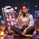 Nhã cái topbet showcases vibrant gaming elements, featuring a stylish woman at a high-tech casino setup.