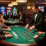 U888 players strategizing at blackjack tables, enjoying a vibrant casino atmosphere