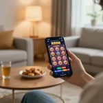 Engaging user playing RR88 slot game on mobile device in cozy home ambiance.