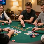 Alo8 center players focusing on an intense online blackjack game with vibrant chips and cards.