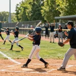 Young athletes training at hitclub baseball facility with coaches guiding batting practice.