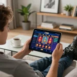Player engaged on C168 casino app, enjoying a strategic online gaming session at home