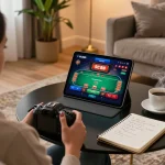 Player engaging in SC88 mobile casino app with strategic notes nearby.