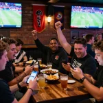 cm88 sports fans cheering while strategically betting on live games at a lively bar