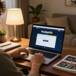 Accessing Vuabet88 đăng nhập on a laptop in a warm living room, showcasing responsible gaming.