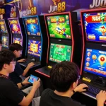 Exciting gaming scene at thương hiệu jun88, showcasing diverse players enjoying sports betting and casino games.