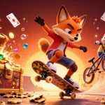 HitClub showcases casino energy with a dynamic skateboarder fox and BMX rabbit in a vibrant illustration.