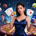 Betting excitement at 8kbetvn with a stunning Asian woman showcasing casino app features and vibrant game elements.