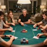 Friends engaging in a poker game, analyzing hands, and enjoying a friendly competition at home with CO88.