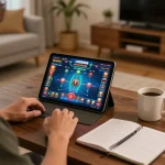 Player enjoying LODE88 online gaming on a tablet while analyzing betting strategies and enjoying a cozy atmosphere