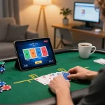 VIN88 player enjoying an online poker game on tablet in a stylish home office setting.