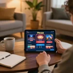 A player engages with 79club on a tablet, highlighting home gaming and strategy.