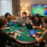 Engaging online gambling scene at https://luck8g.net, showcasing players in a vibrant living room environment with poker chips and laptops.
