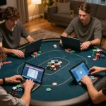 Experience poker gaming with bet168 in a lively home setting featuring engaging players and colorful chips.