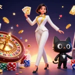 在璀璨的赌场场景中与Telegram中文互动，展示一位迷人的女性和一只穿着燕尾服的猫，在令人眼花缭乱的游戏元素中。